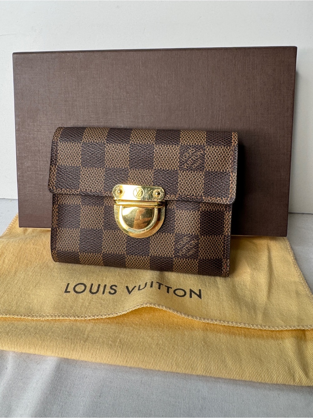 Louis Vuitton Damier Ebene Checkered Wallet with Gold Hardware